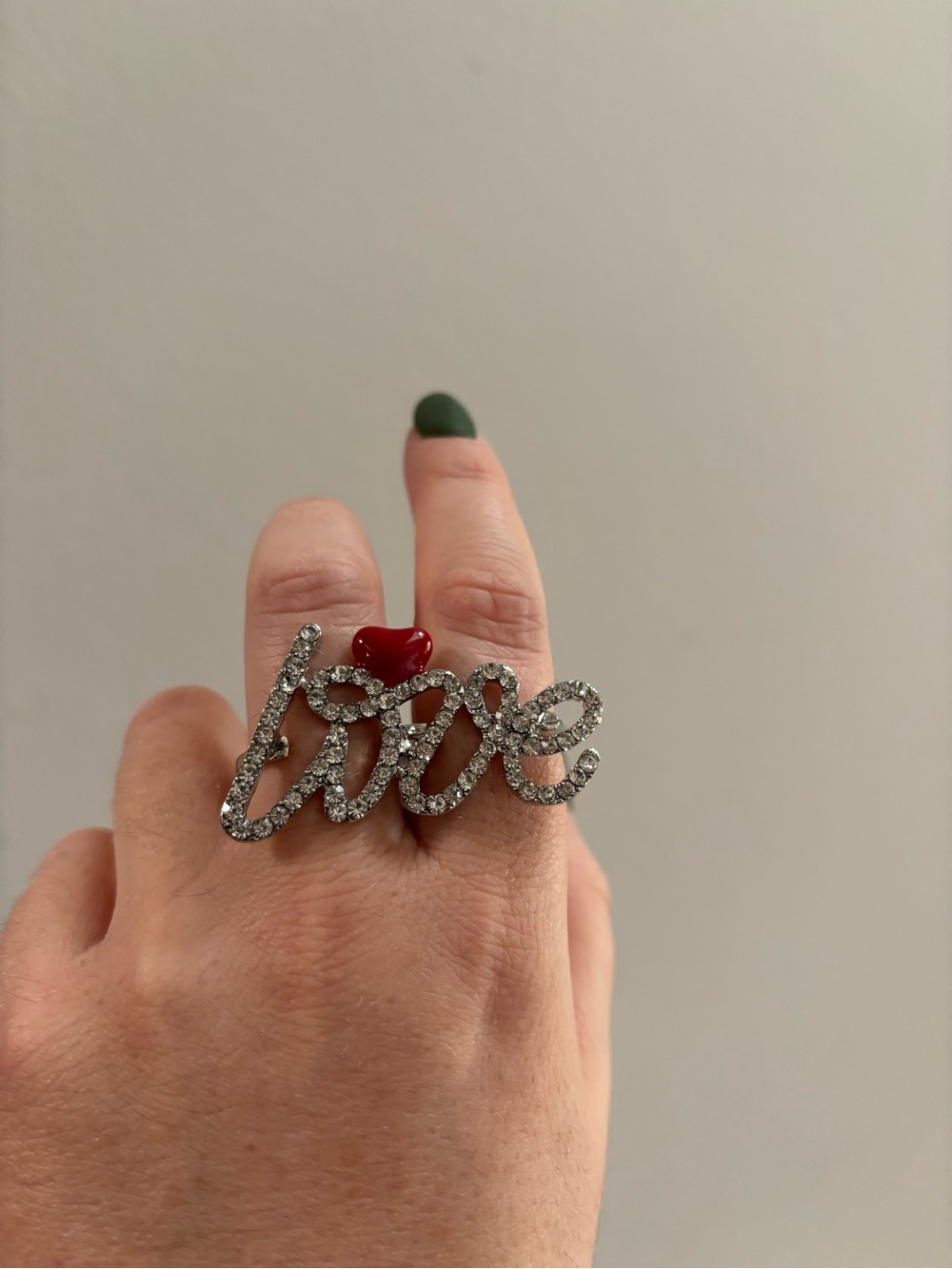 Silver Tone Rhinestone "Love" Script Double Ring with Heart Accent